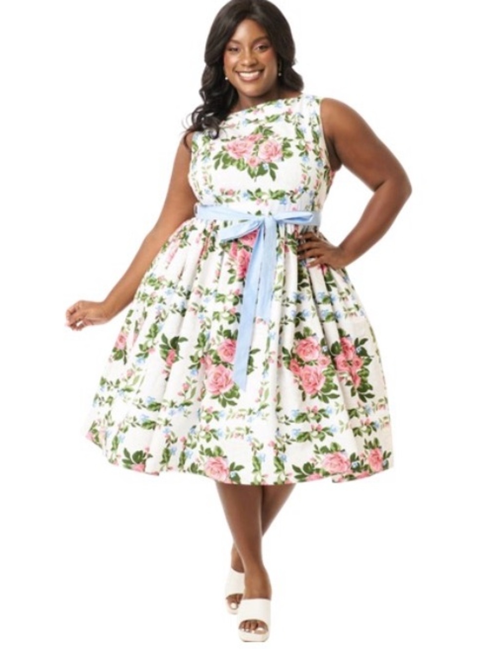 Unique Vintage White Floral Midi Dress with Pink Roses